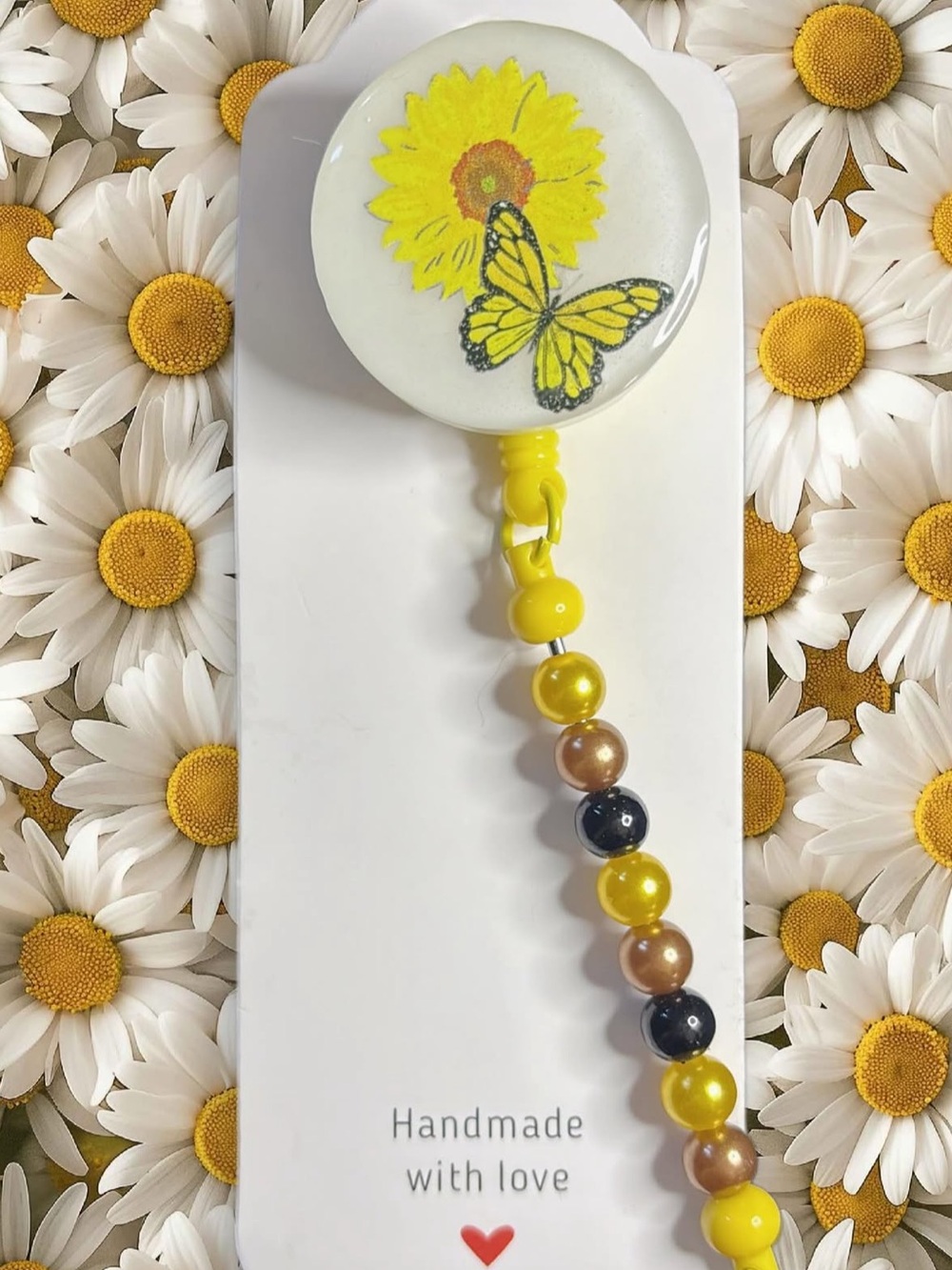 Yellow Sunflower & Butterfly Badge Reel with Beaded Lanyard